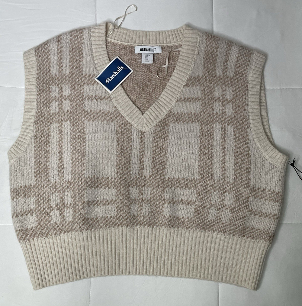 NWT William Rast Womens M Plaid Sweater Vest Cream Tan V Neck Preppy Cropped